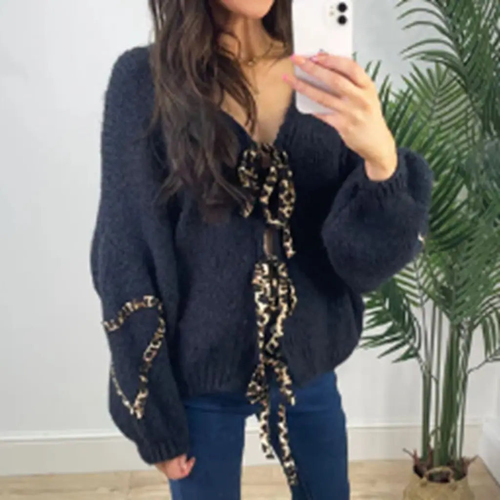 Leopard Ribbon Tie V-neck Cardigan