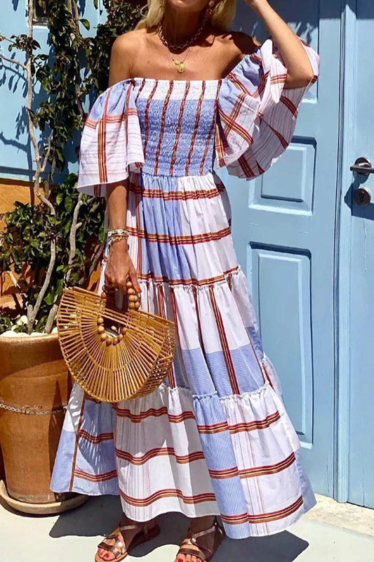 Striped Print Ruffle Sleeve Tiered Dress