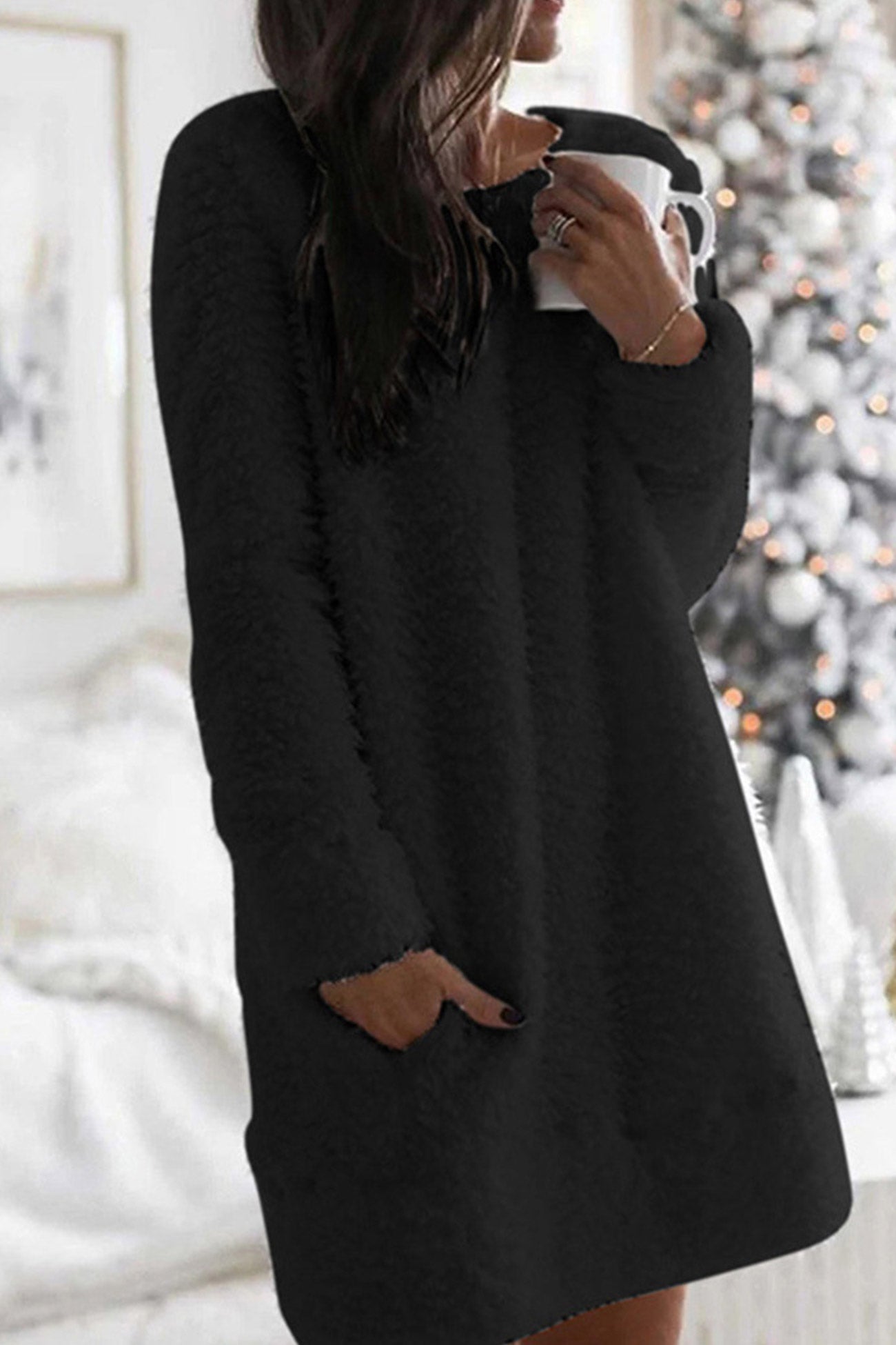 Plush Crew Neck Dress with Pocket