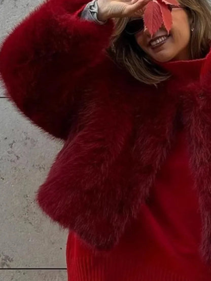 Red Faux Fur O-neck Short Coat