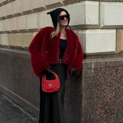 Red Faux Fur O-neck Short Coat