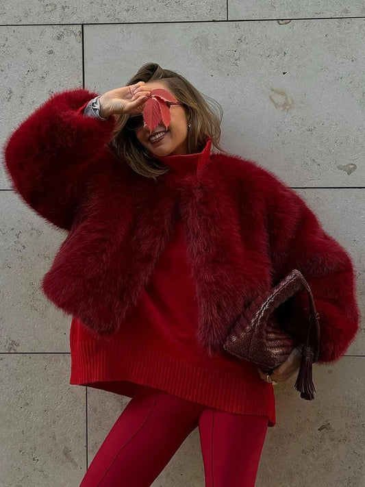 Red Faux Fur O-neck Short Coat