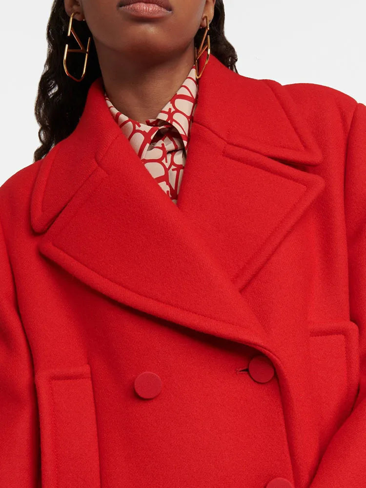 Red Woolen Double Breasted Coat