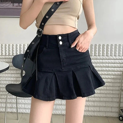 Streetwear Waist Gothic Black Pleated Autumn Skirt