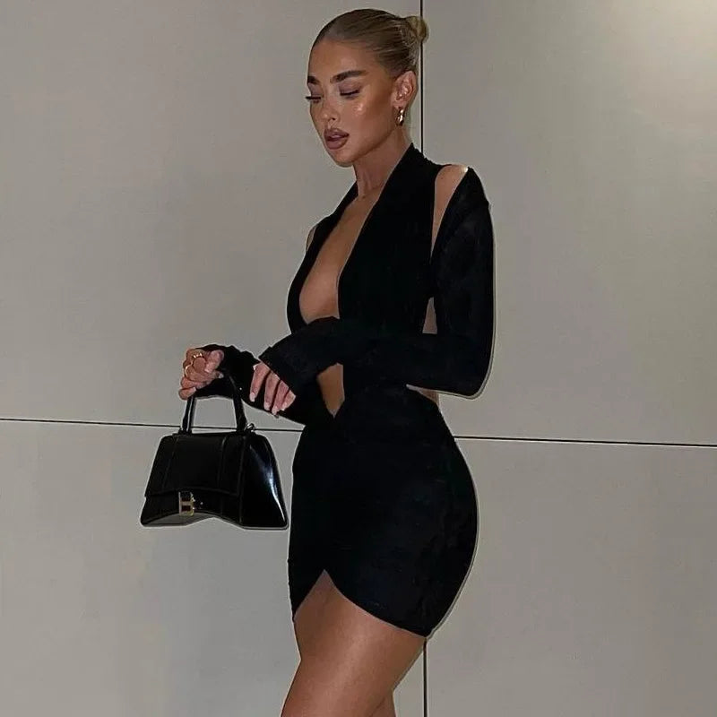 V Neck Black Backless Long Sleeve Mini Dress