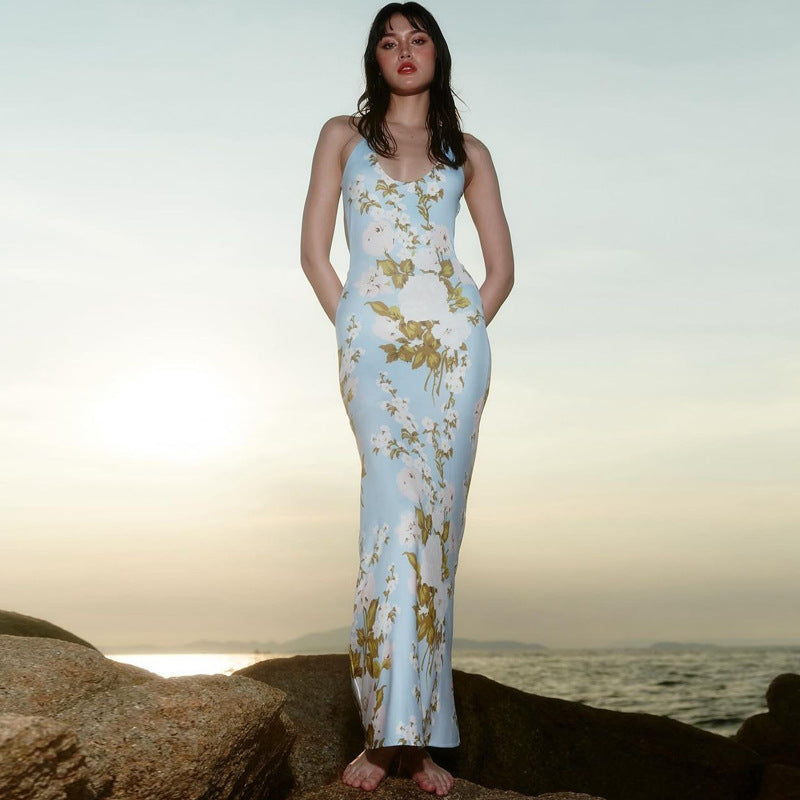 Carmen Backless Floral Print Slip Maxi Dress