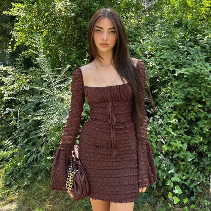 Floral Lace Club Party Rich Brown Flare Sleeve Mini Dress