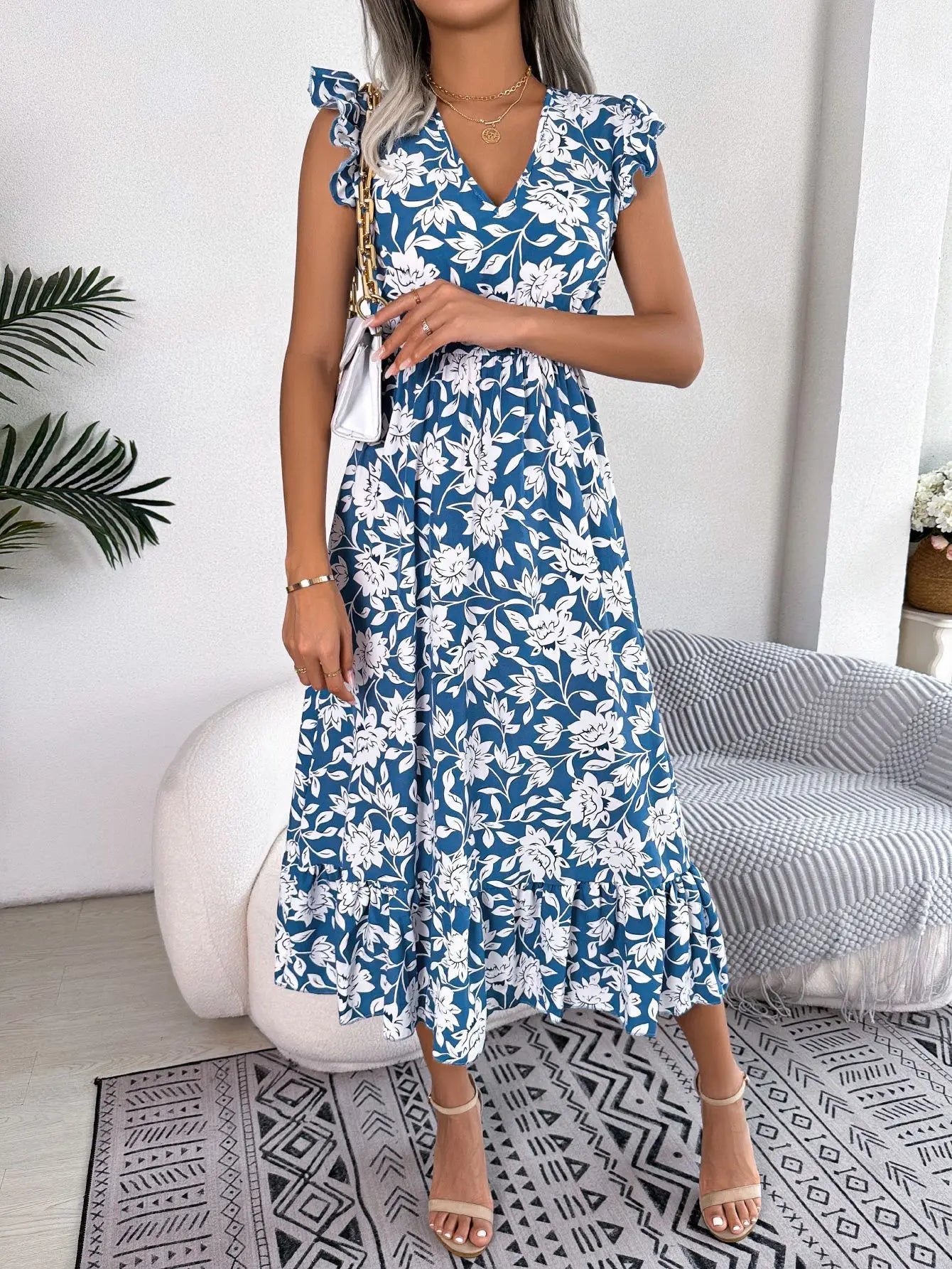 Sleeveless V Neck Summer A Line Midi Dress Boho Dress