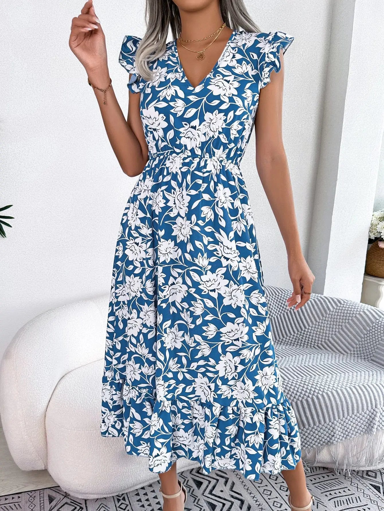 Sleeveless V Neck Summer A Line Midi Dress Boho Dress