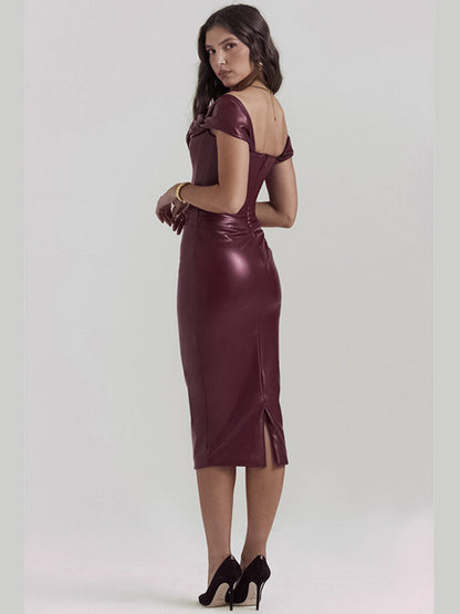 Kelly Wine Red Strapless Backless PU Leather Midi Dress