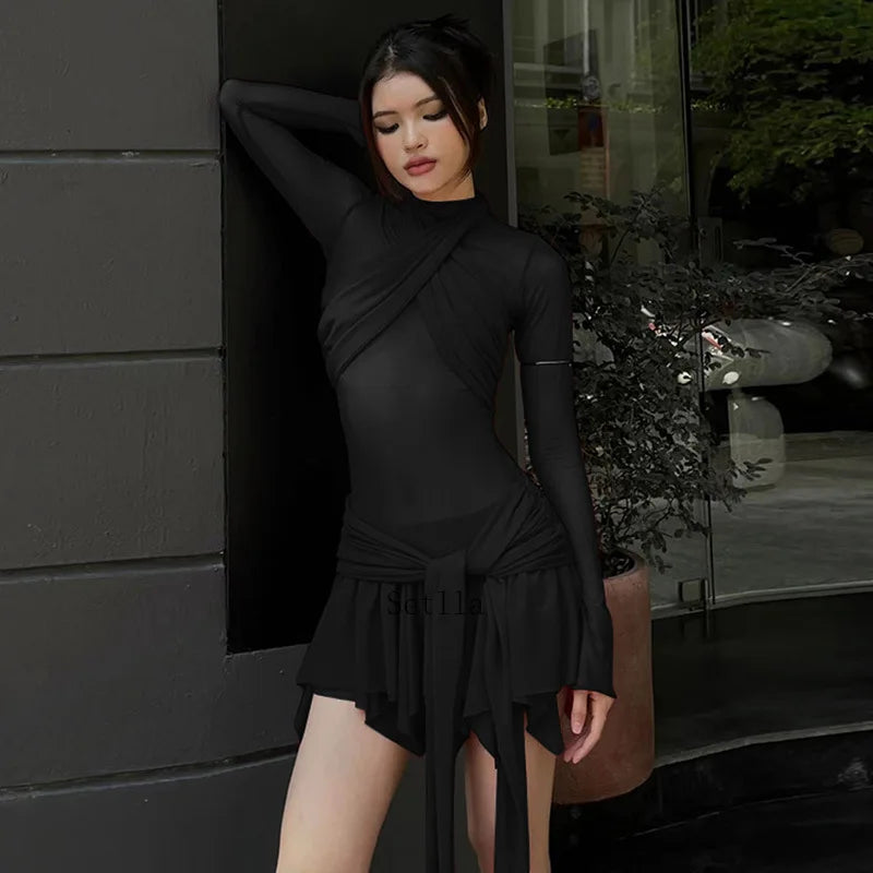 A-Line Pleated Mesh Sheer Mini Dress