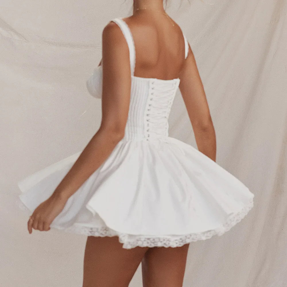 Fairy Grunge Lace Up White Corset Frill Mini Dress