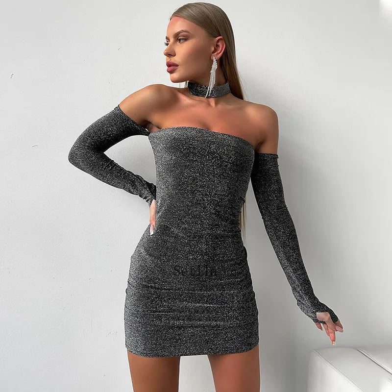 Fashion Glitter Off Shoulder Mini Dress