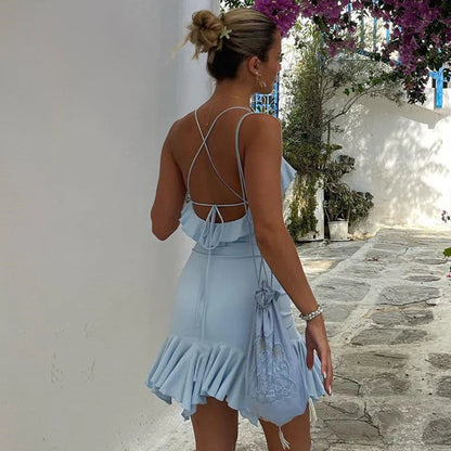 Fashion Sexy Backless Frill Hem Mini Dress