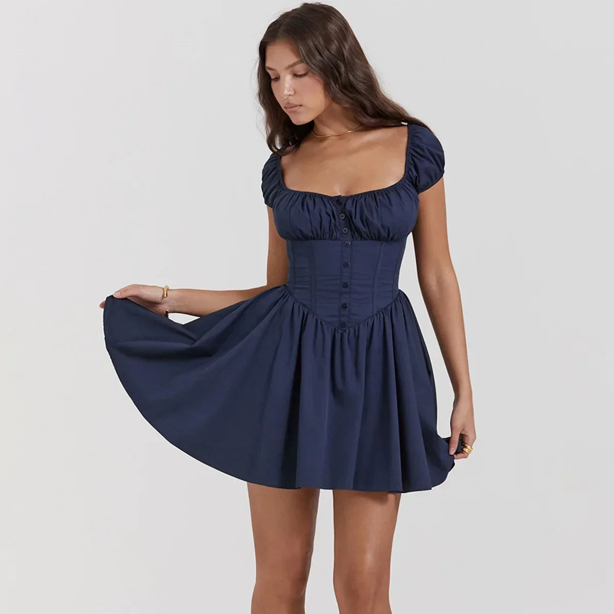 Puff Sleeve Button Up Corset Mini Dress