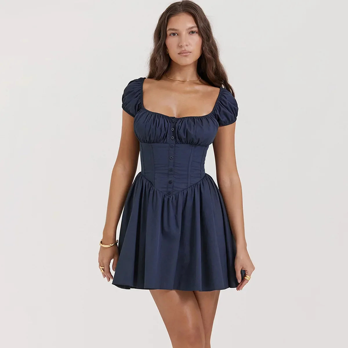 Puff Sleeve Button Up Corset Mini Dress