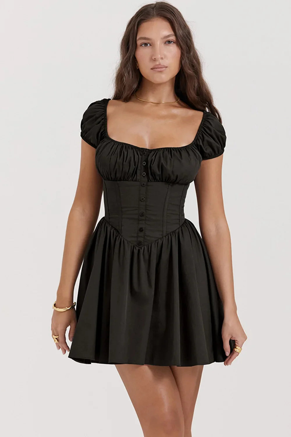 Gathered A-Line Puff Sleeve Birthday Pleated Fairy Corset Gown Mini Dress