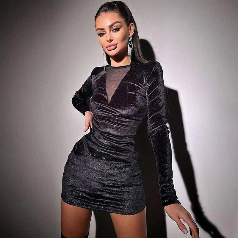 Glitter Ruched Mesh Patchwork Long Sleeve Mini Dress