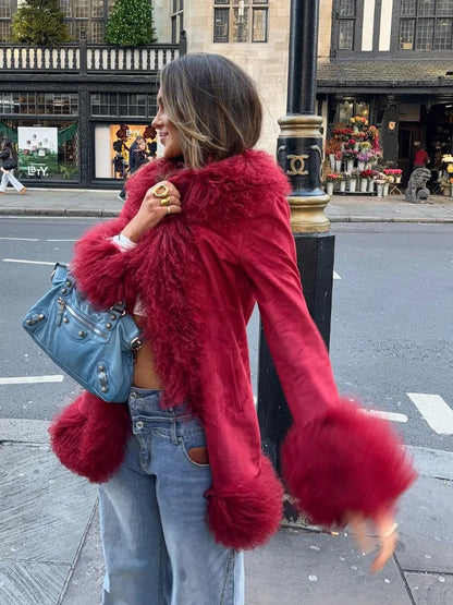 Red Fluffy Faux Fur Splicing Coat