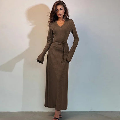 Ribbed Knitted Tie-detailed Fashionable Club-ready Birthday Autumnal Maxi Dress