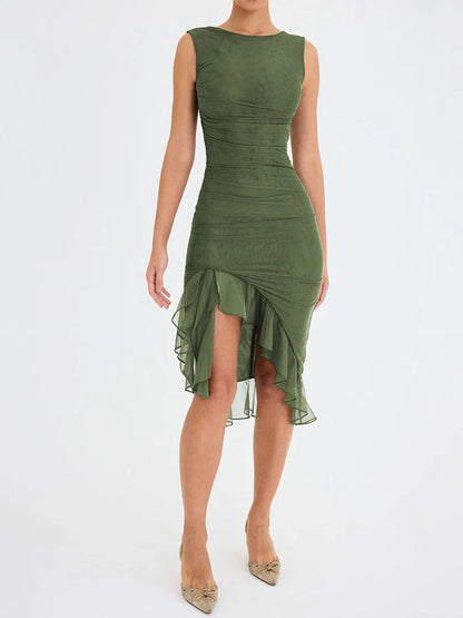 Ruffled Ruched Summer-ready Backless Sleeveless Irregular Sensual Midi Dress