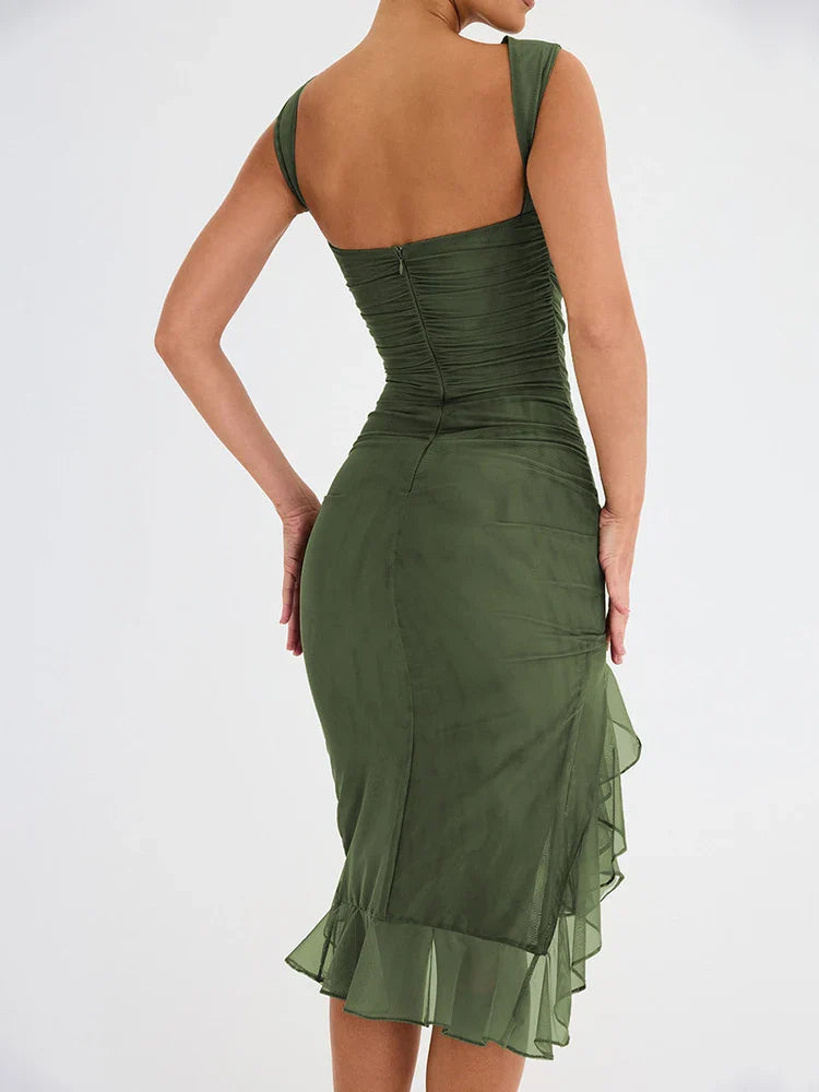 Ruffled Ruched Summer-ready Backless Sleeveless Irregular Sensual Midi Dress