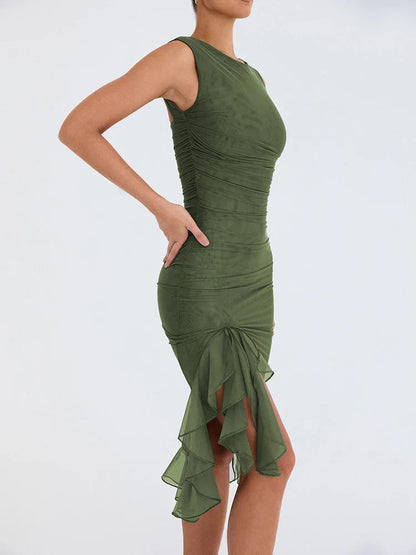 Ruffled Ruched Summer-ready Backless Sleeveless Irregular Sensual Midi Dress