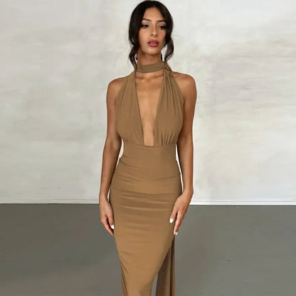 Sexy Plunge Deep V Neck Summer Club Party Sleeveless Ruched Slit Midi Dress