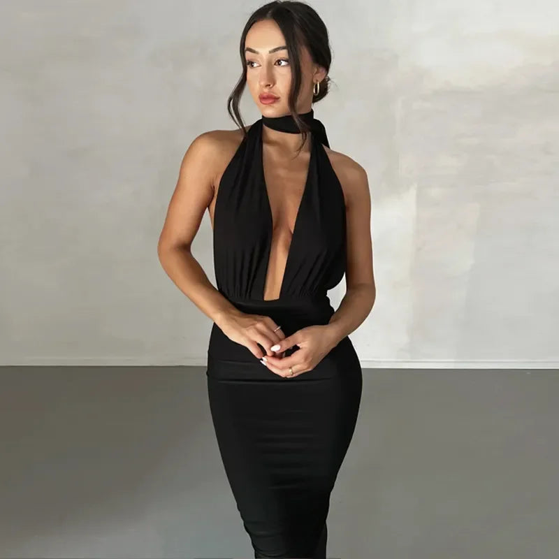 Sexy Plunge Deep V Neck Summer Club Party Sleeveless Ruched Slit Midi Dress