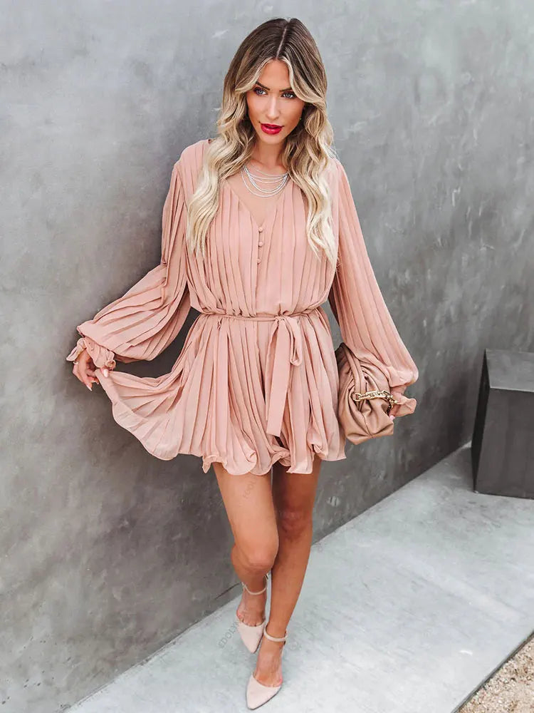 Solid Lace-up V-neck Button Ruffle Sexy Long Sleeves Mini Dress