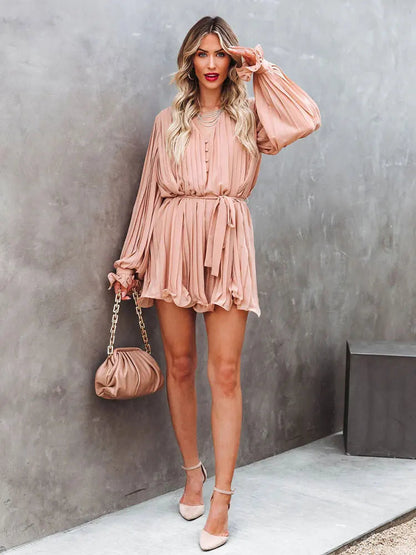 Solid Lace-up V-neck Button Ruffle Sexy Long Sleeves Mini Dress