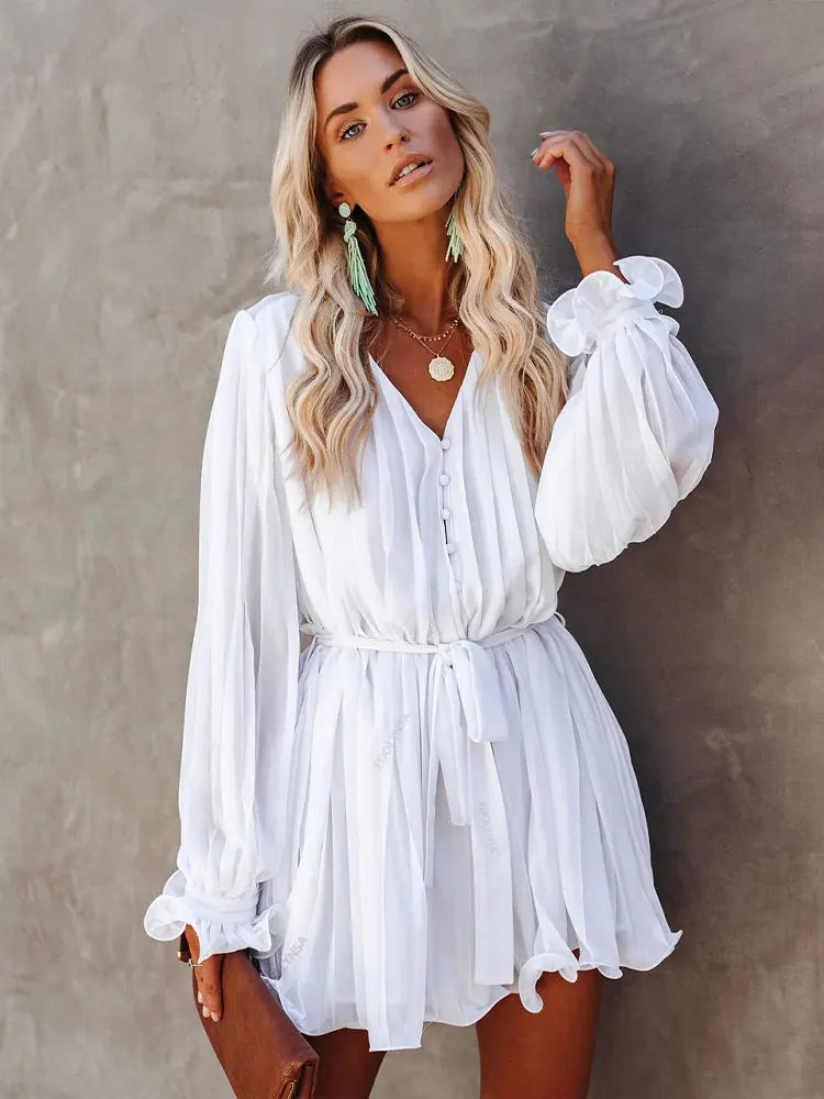 Solid Lace-up V-neck Button Ruffle Sexy Long Sleeves Mini Dress