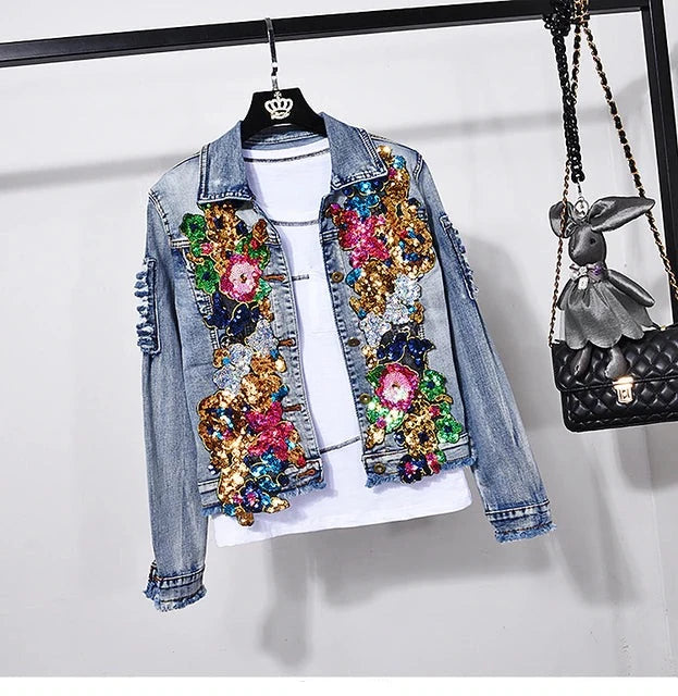 Style European Flower Suit Women Jeans Pants Outfit Jacket & Denim Fashion Sequined Set