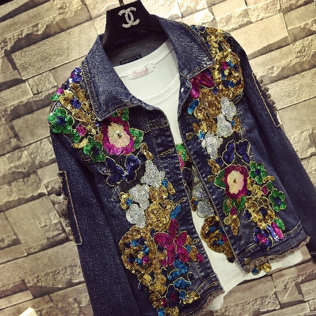 Style European Flower Suit Women Jeans Pants Outfit Jacket & Denim Fashion Sequined Set