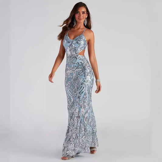 V-Neck Sequined Party Dress