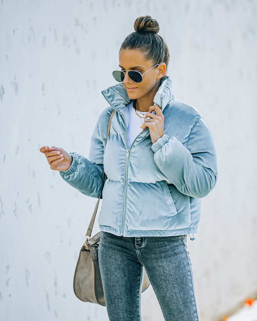 Velvet Puffer Jacket - Dusty Blue