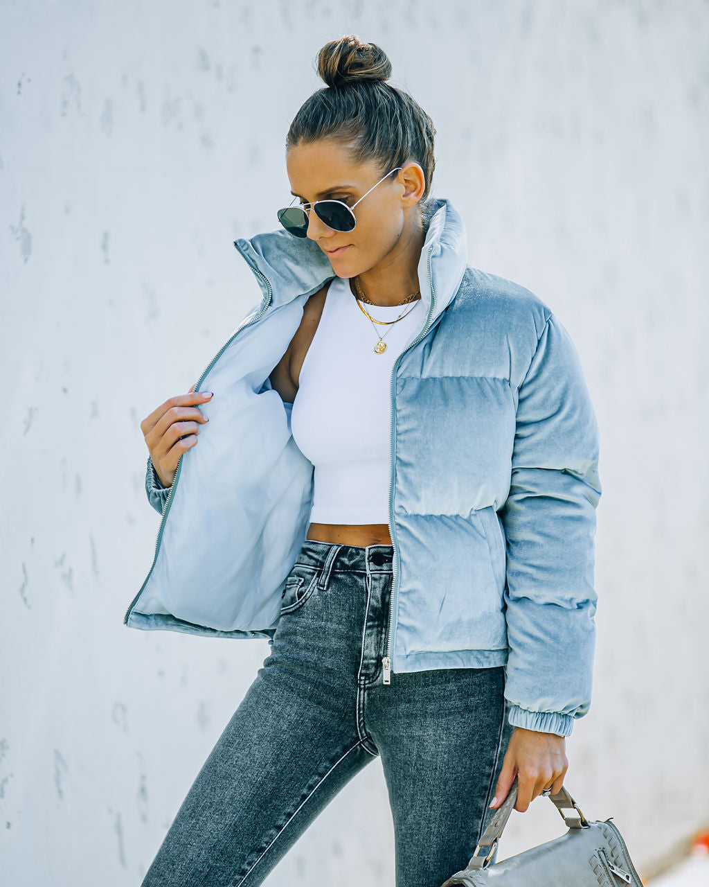 Velvet Puffer Jacket - Dusty Blue