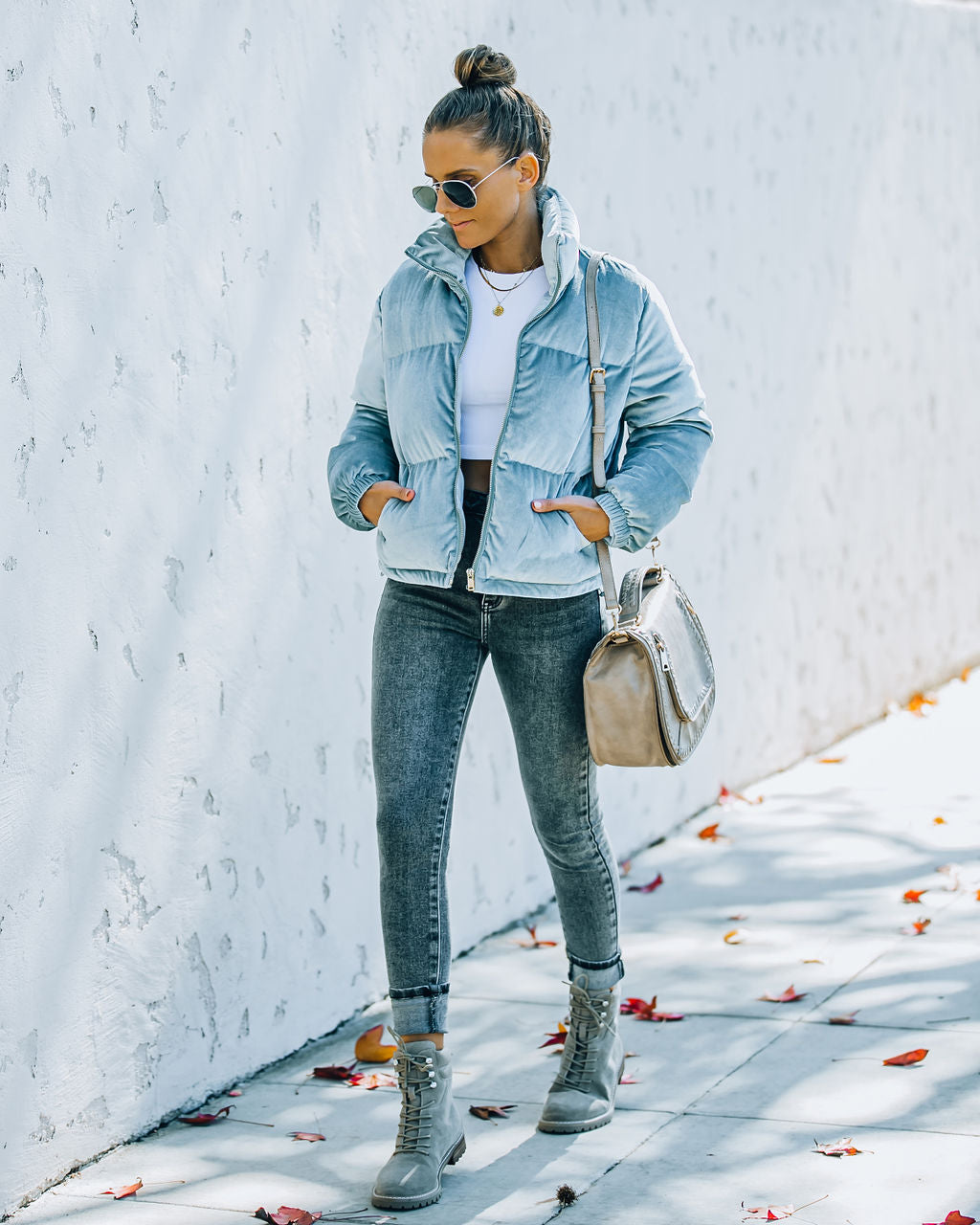 Velvet Puffer Jacket - Dusty Blue