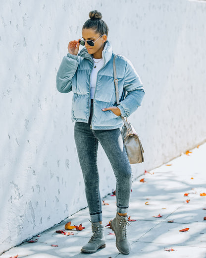 Velvet Puffer Jacket - Dusty Blue