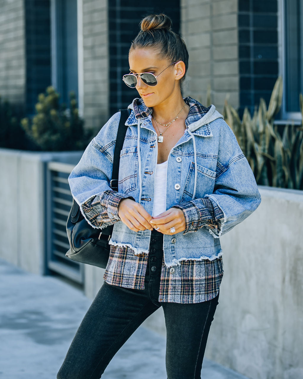 Adrien Plaid Hooded Denim Jacket with Contrast