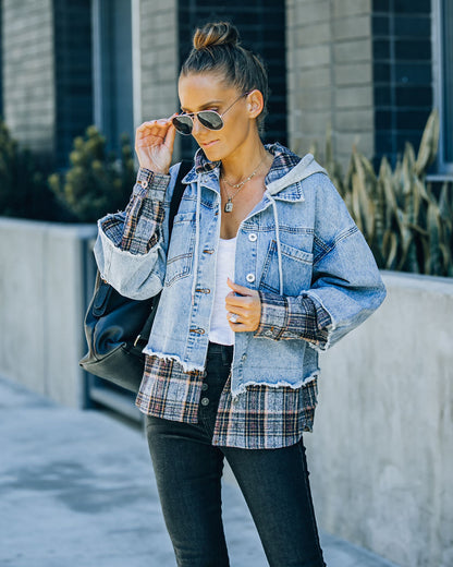 Adrien Plaid Hooded Denim Jacket with Contrast