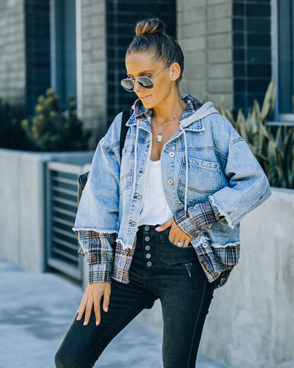 Adrien Plaid Hooded Denim Jacket with Contrast