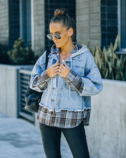 Adrien Plaid Hooded Denim Jacket with Contrast