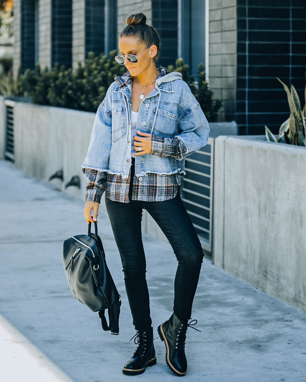 Adrien Plaid Hooded Denim Jacket with Contrast