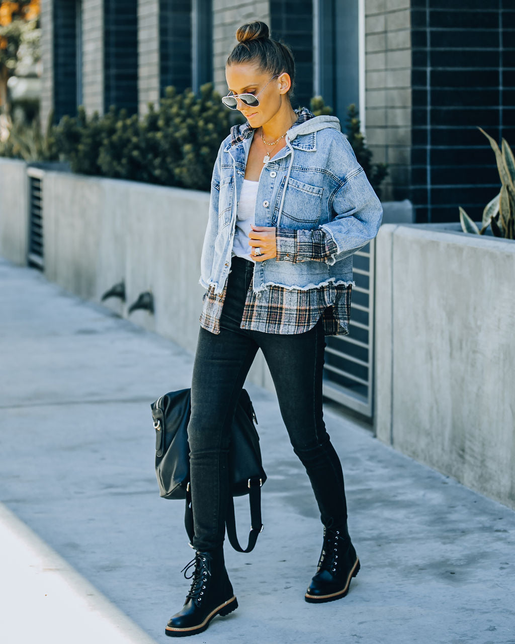 Adrien Plaid Hooded Denim Jacket with Contrast