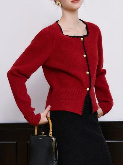 Red Retro Style Contrast Color Cardigan