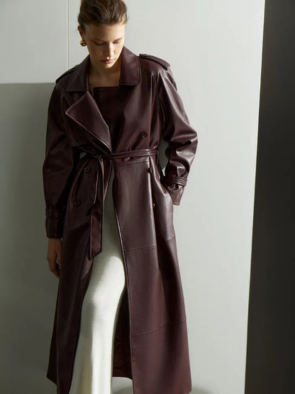 Red Lapel Leather Belted Coat