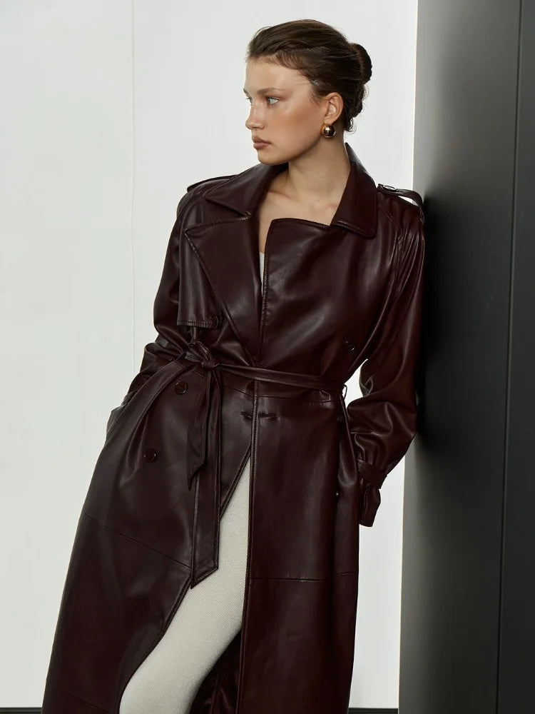 Red Lapel Leather Belted Coat