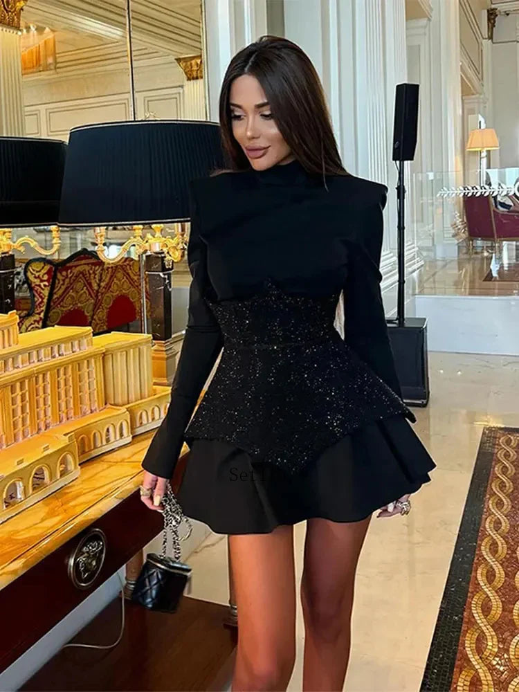 Sequin O Neck Long Sleeve Mini Dress