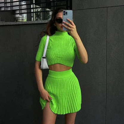 Knitted Pleated Matching Set Mini Dress